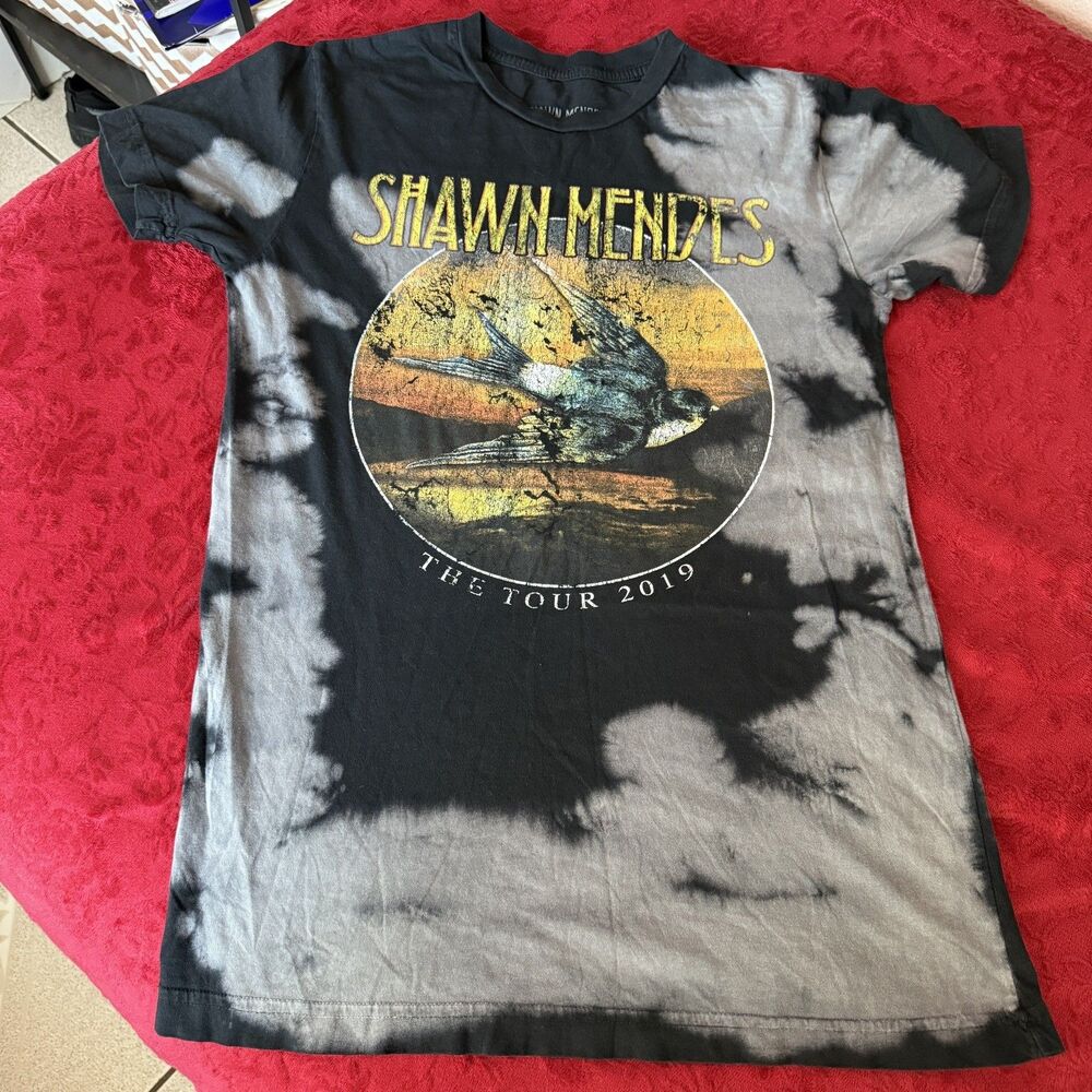 Shawn Mendes The Tour 2019 Shirt Size Small S Black Gray Tie Dye Shallow Bird